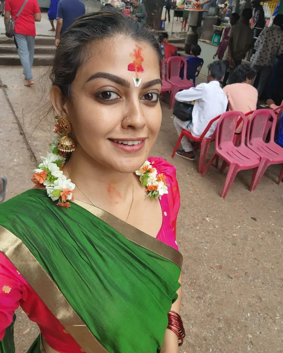 Anusree Nair In South Indian Traditional Green Saree Red Blouse